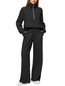 Woman Solid Color Half Zip Long Sleeve Sweatshirt And Wide Leg Pants Set Casual Sporty Two Piece Outfit Women's Suit