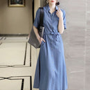 New Slimming Mid-length Denim Dress With Short Sleeves